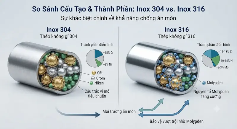 Phân tích chuyên sâu 2 loại inox 304 và 316 chi tiết từng thành phần