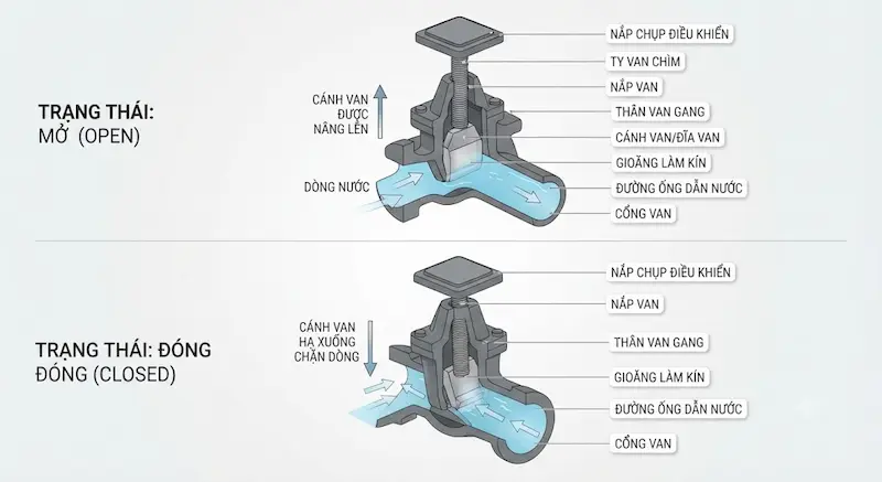 Nguyên lý vận hành đóng mở của van cổng ty chìm