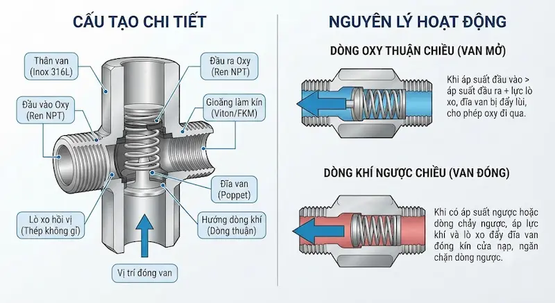 Cấu tạo nguyên lý hoạt động của van oxy một chiều