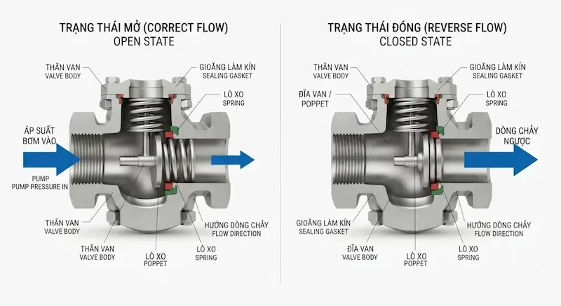Nguyên lý hoạt động của van triệt hồi bơm