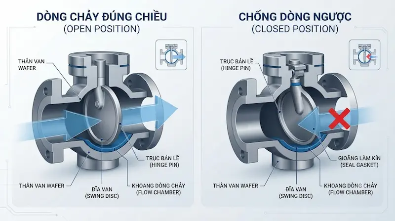 Nguyên lý hoạt động của van một chiều dạng wafer