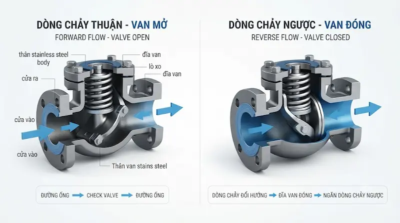 Nguyên lý hoạt động của van 1 chiều