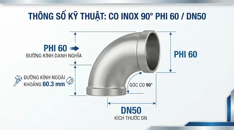 Kích thước chi tiết của co inox phi