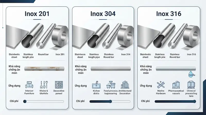 Các loại inox phổ biến hiện nay trên thị trường