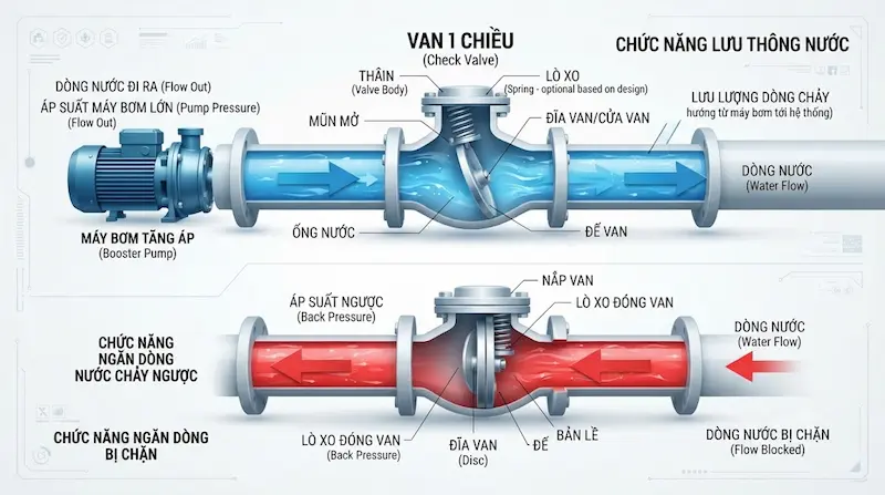 Cấu tạo và nguyên lý hoạt động của van 1 chiều