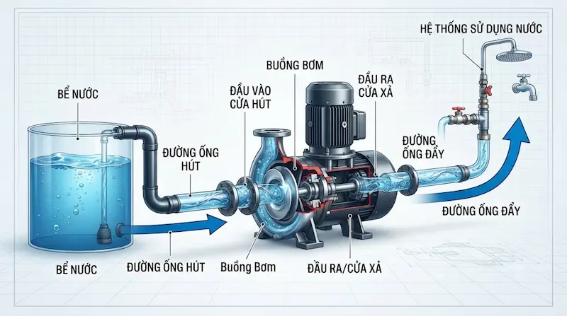 Nguyên lý hoạt động đầu vào và đầu ra của máy bơm nước
