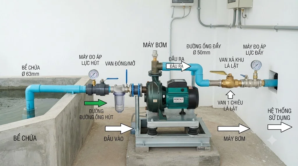 Ứng dụng thực tế đầu vào và đầu ra của máy bơm nước